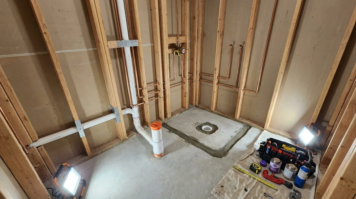 Bathroom rough-in plumbing during remodel by Johns Plumbing LLC in La Blanca