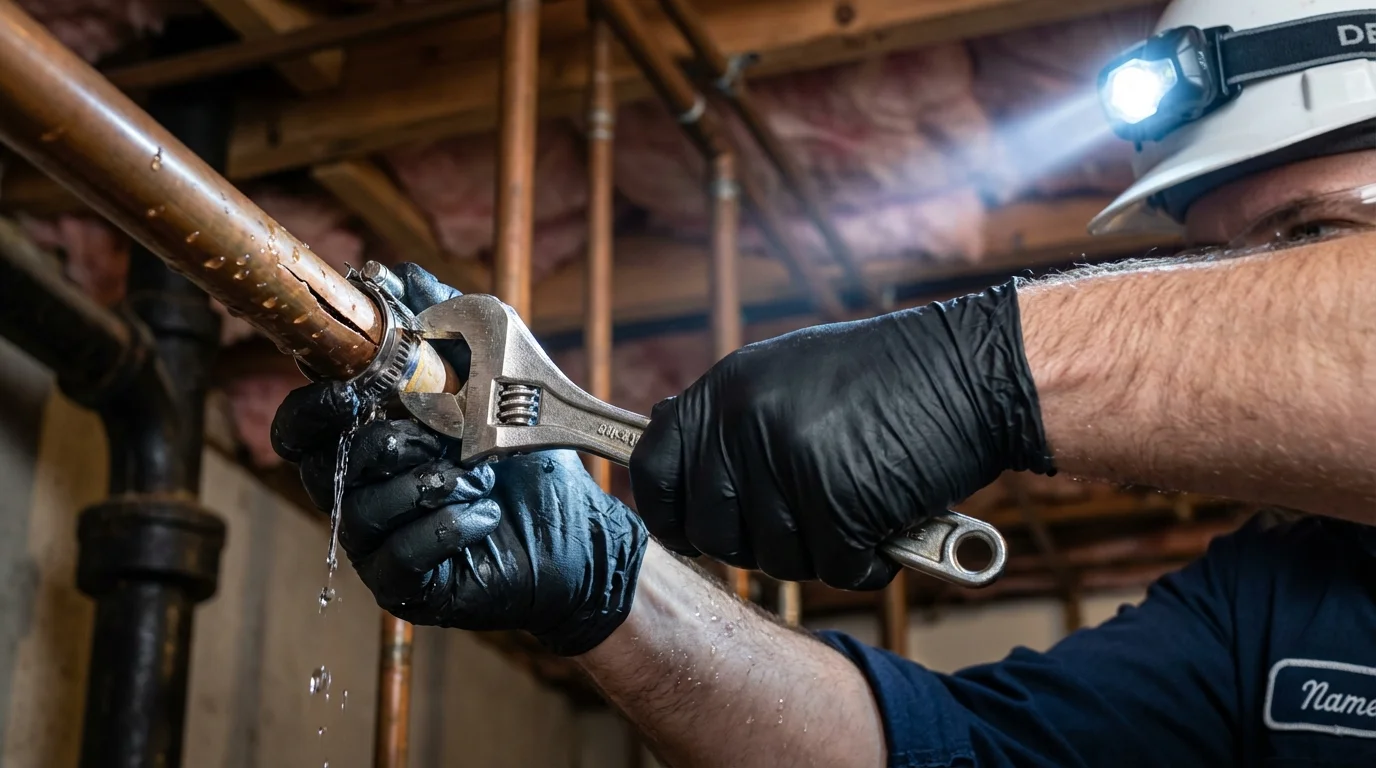 Emergency pipe clamp repair being performed by a Johns Plumbing LLC plumber in La Blanca