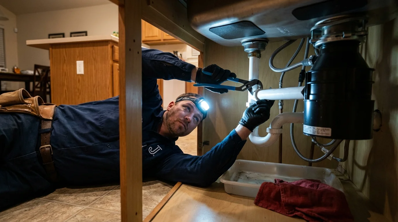 P-trap and supply line connections under a kitchen sink showing a common leak point in La Blanca, TX